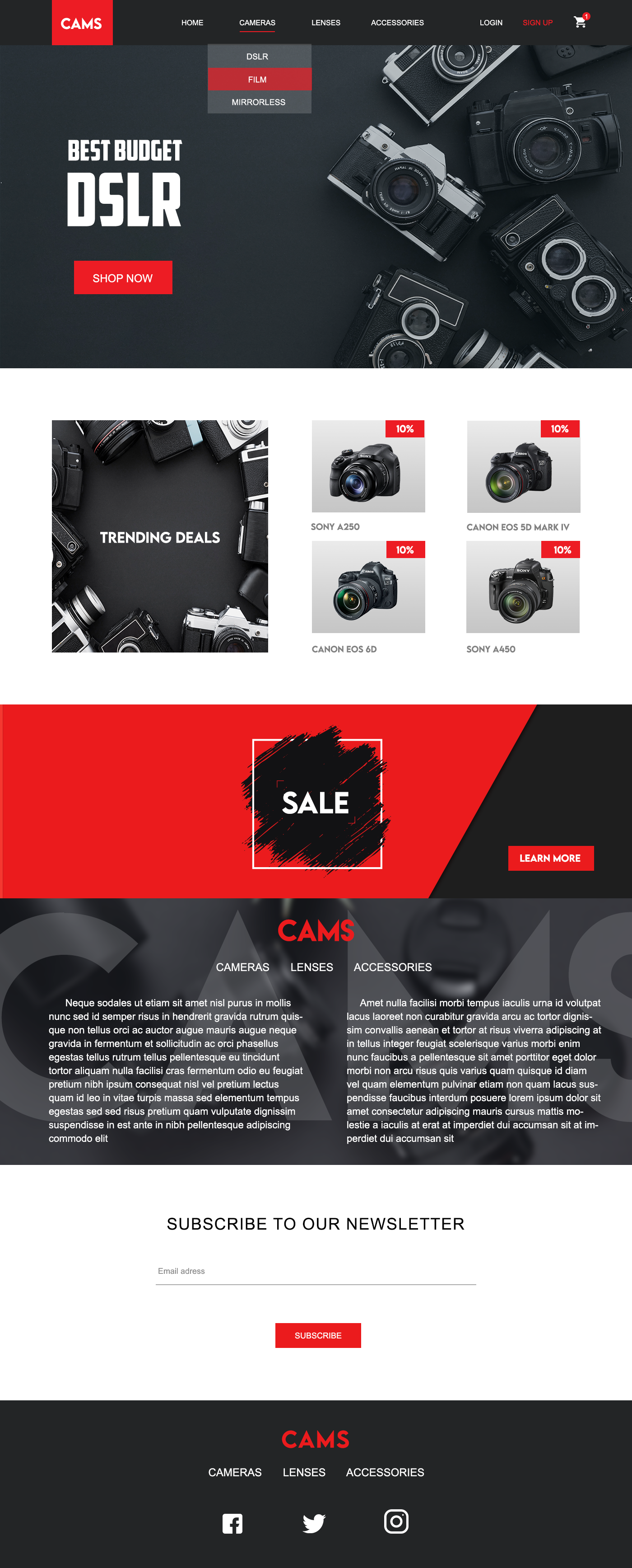Camera Store Landing Page camera concept dark theme ecommerce interface landing page minimal photography product ui store ui design web design
