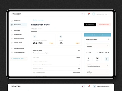 Parkiza — Tablet blue branding cancel reservation dashboard design history of reservations interface platform reservations reserve a spot typography ui