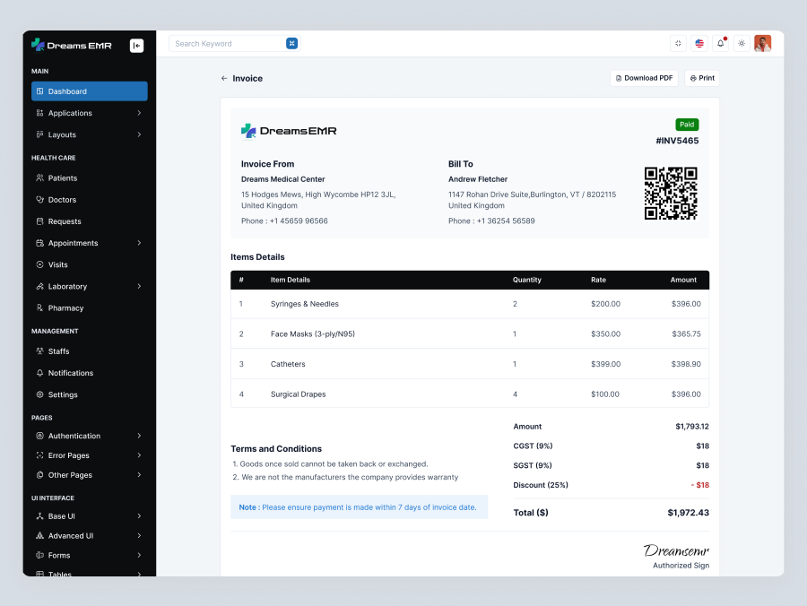 Healthcare Invoice Management UI | DreamsEMR admin interface design angular invoice ui billing dashboard ui bootstrap invoice clinic billing software emr billing system frontend template healthcare invoice hospital invoice template hospital management ui invoice ui medical billing medical software ui payment invoice ui product design react billing template saas admin template startup saas ui vue admin template web app ui
