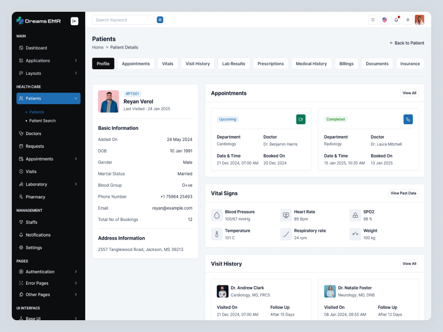 DreamsEMR – Patient Management Feature angular admin bootstrap admin clinic software ui emr system frontend template healthcare dashboard healthcare saas hospital admin panel hospital management system medical admin ui medical records system medical software patient management patient profile ui react dashboard saas admin template startup saas ui ui ux design vue template web app design
