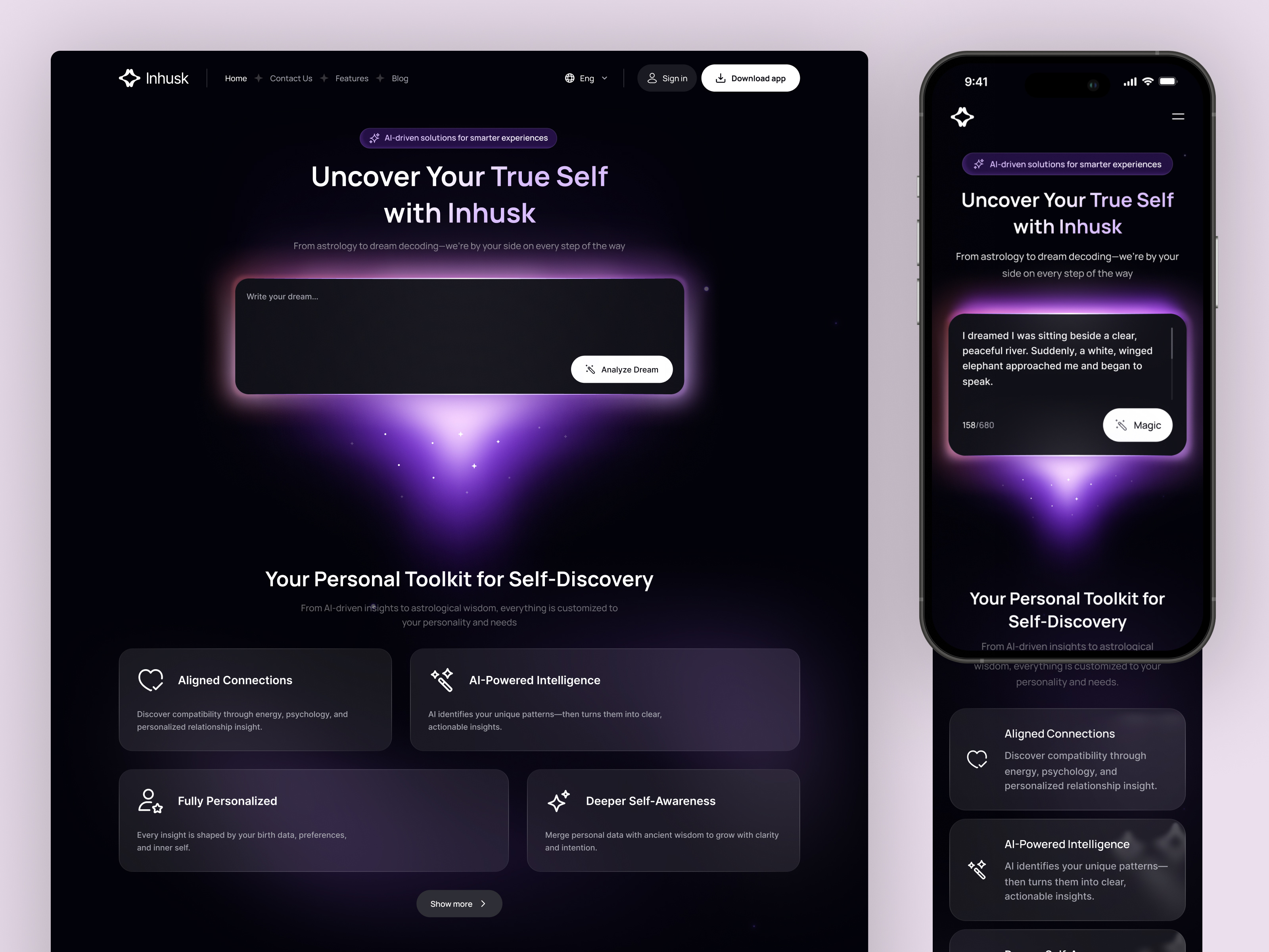 AI-Powered Self-Discovery | Inhusk app design astrology app cosmic design dark ui gradient ui interface design mobile app modern design ui ux zodiac design