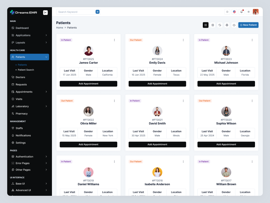 DreamsEMR – Patient Grid Management UI angular dashboard appointment management bootstrap admin clinic software emr system frontend template healthcare dashboard healthcare saas hospital admin panel hospital management ui medical admin template medical software patient grid ui patient management react admin template saas dashboard startup saas ui ui ux design vue admin ui web app design