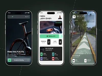 E-Bike Mobile App UI Design business cycle dark mobile app dark mode dashboard e bike e cycle ebike ebike mobile app electric bike ev map mobile app navigation ride sharing saas service ui ui design ux design