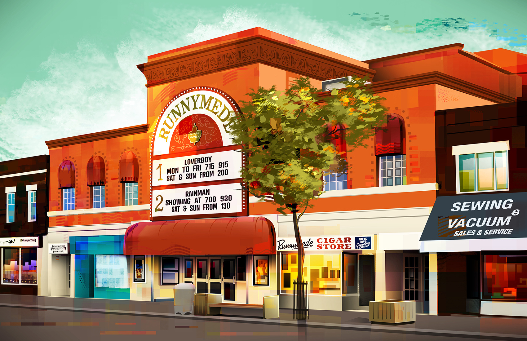 Runnymede Theatre - vintage theatres of Toronto series cinema city colourful illustration print retro theatre toronto vector vintage