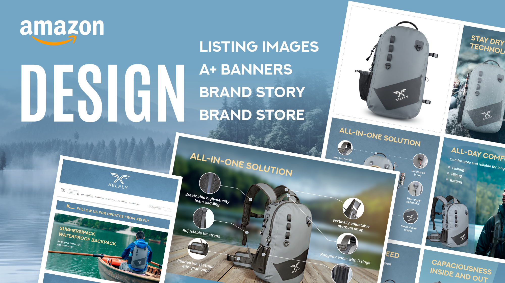 Amazon Listing for Outdoor Adventure Brand adventure branding amazon a content amazon branding amazon listing design amazon storefront design brand guidelines brand story design color palette design competitive analysis conversion focused design digital branding ecommerce design fishing gear branding graphic design marketplace design outdoor brand identity product listing optimization product visualization typography system waterproof backpack design