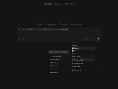 AI Icon Generator - Model Selection 🎨 ai artificial intelligence darkmode design generator icons interface model prompt saas selection settings tool ui ux