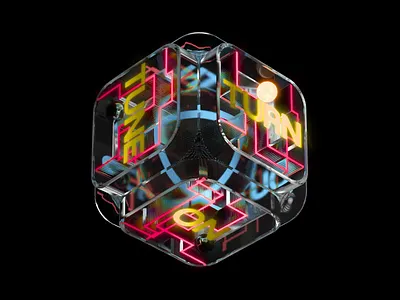 TurnOnTuneInDropOUt 3d animation beat cube cyberpunk drop game glass liquid loop motion graphics neon nft refraction sphere square turn window