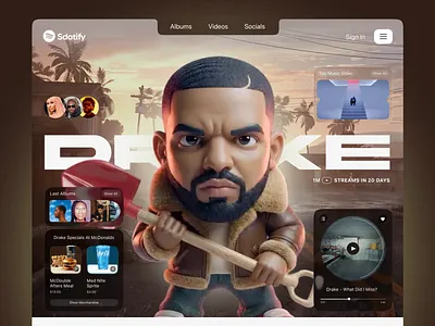 Music App UI Concept — Rapper-Inspired Promo UI & AI Character app character dashboard drake music player product promo rapper streaming ui desgn webdesign