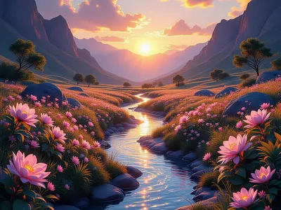 Valley flowers illustration landscape meadows mountains purple reflections river scenery scenic sunset trees valley