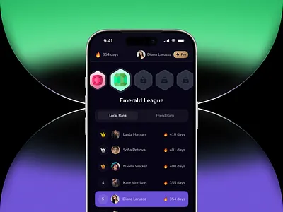 Gamified Phone Usage App – Ranking Screen behavioral gamification ui competitive app design dark mode mobile dashboard digital discipline app ui figma mobile concept focus app interface design gamified productivity app ios leaderboard screen leaderboard mobile ui league based gamification phone usage ranking system ranking system design streak tracking interface