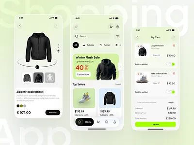 Shopping Mobile App checkout clothing app e commerce ecommerce ecommerce app fashion fashion app home page minimal mobile app online shop shop page shopping ui ux wishlist