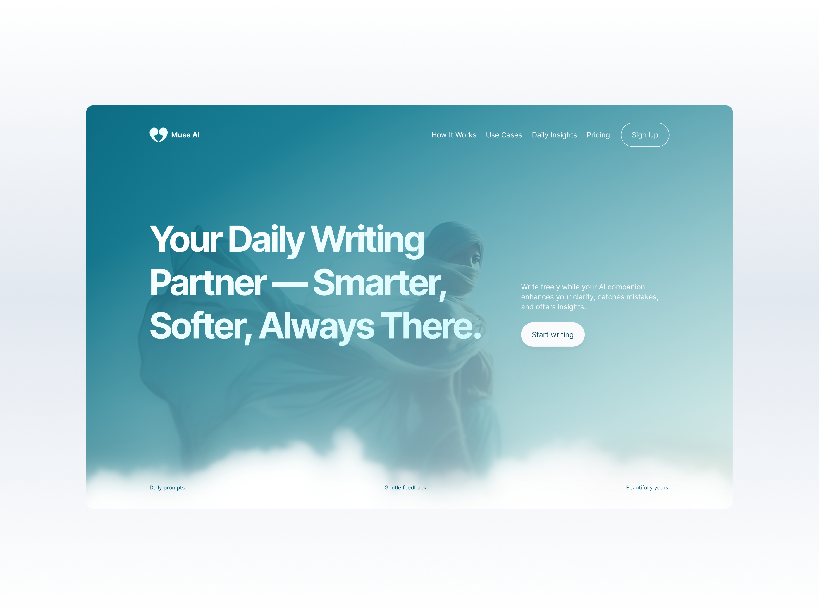 Hero / Landing Experience ai ai writing calm design editor ui gradient design interaction design journaling app landing page minimal ui product design saas typography ui design ux design web design writing app writing assistant