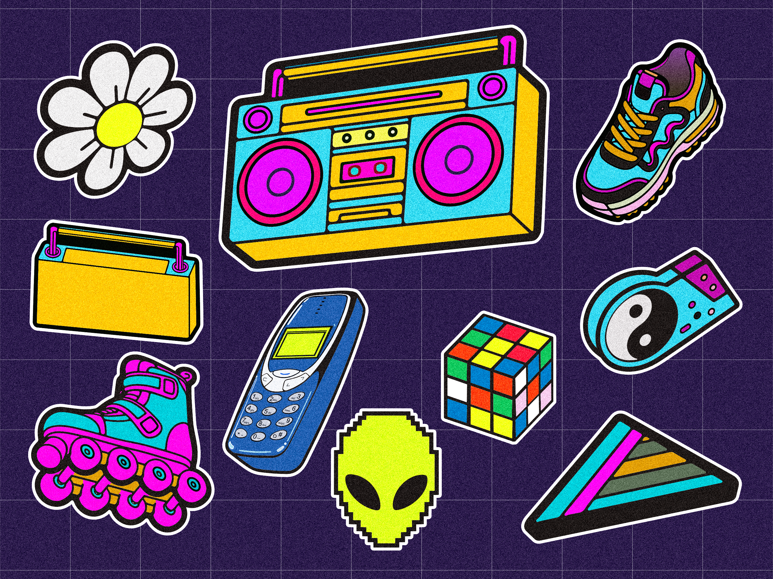 Neon Nostalgia: The 90s Sticker Sheet 3d 90s aesthetic branding dribbble warm up graphic design layered file logo neon colors nostalgia retro sticker design theorykee vaporwave wallpaper
