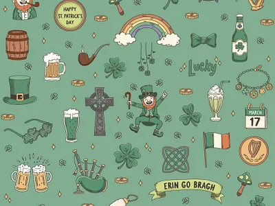 Clover & Coin Illustrated Collection bagde beer branding green handdrawn holiday icon design illustrated illustration leprechaun lucky pattern design repeat pattern repeating pattern retro seamless shamrock st. patricks day surface pattern vintage