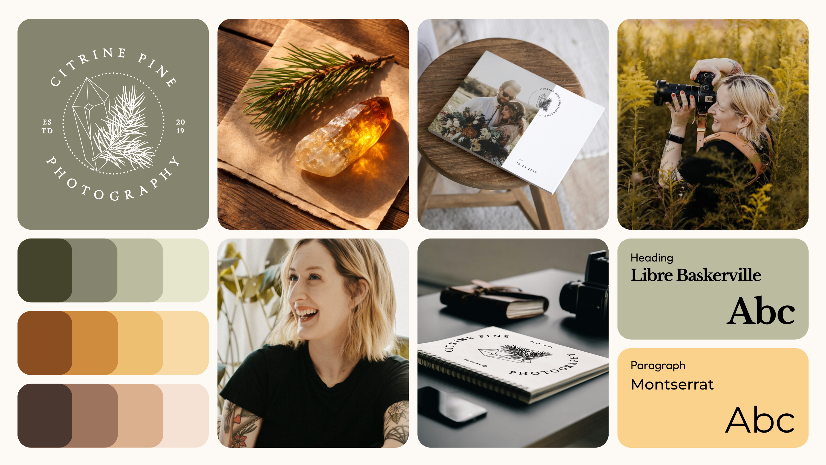 Citrine Pine Brand brand identity branding digital product fonts graphic design logo mood board palette print social media