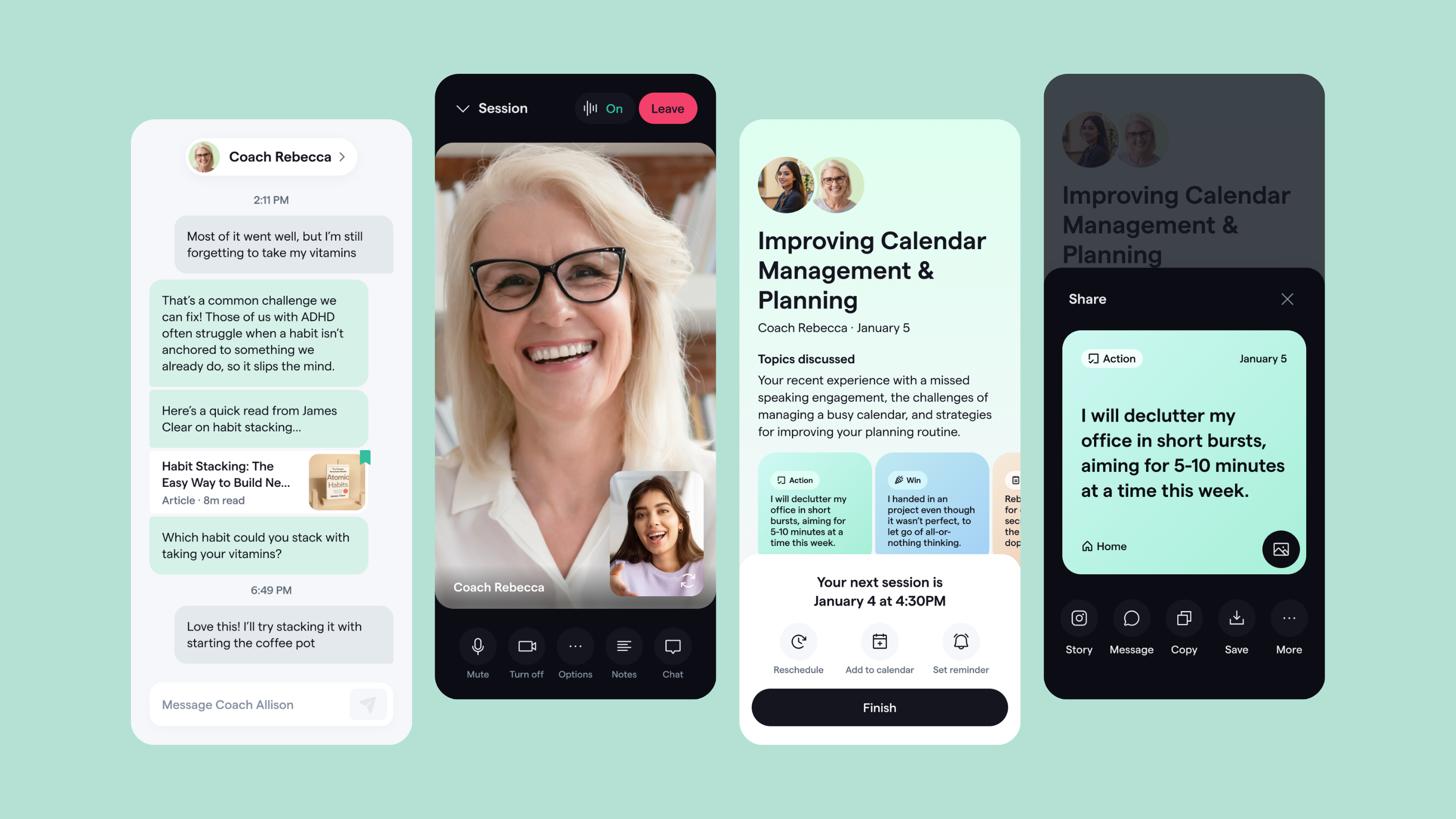Coaching Sessoions add adhd app chat coaching desktop app mental health mobile product design psychology session share summary therapy ui video call web app