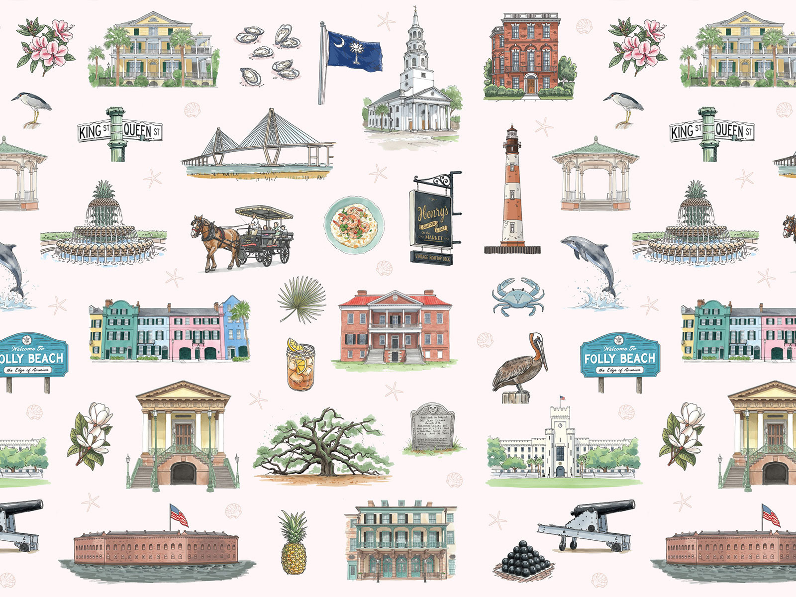 Charleston Surface Pattern – Destination Illustration System design destination hand drawn handdrawn icon design illustrated illustration line art pattern illustration repeat pattern retro surface design surface pattern vintage wallpaper