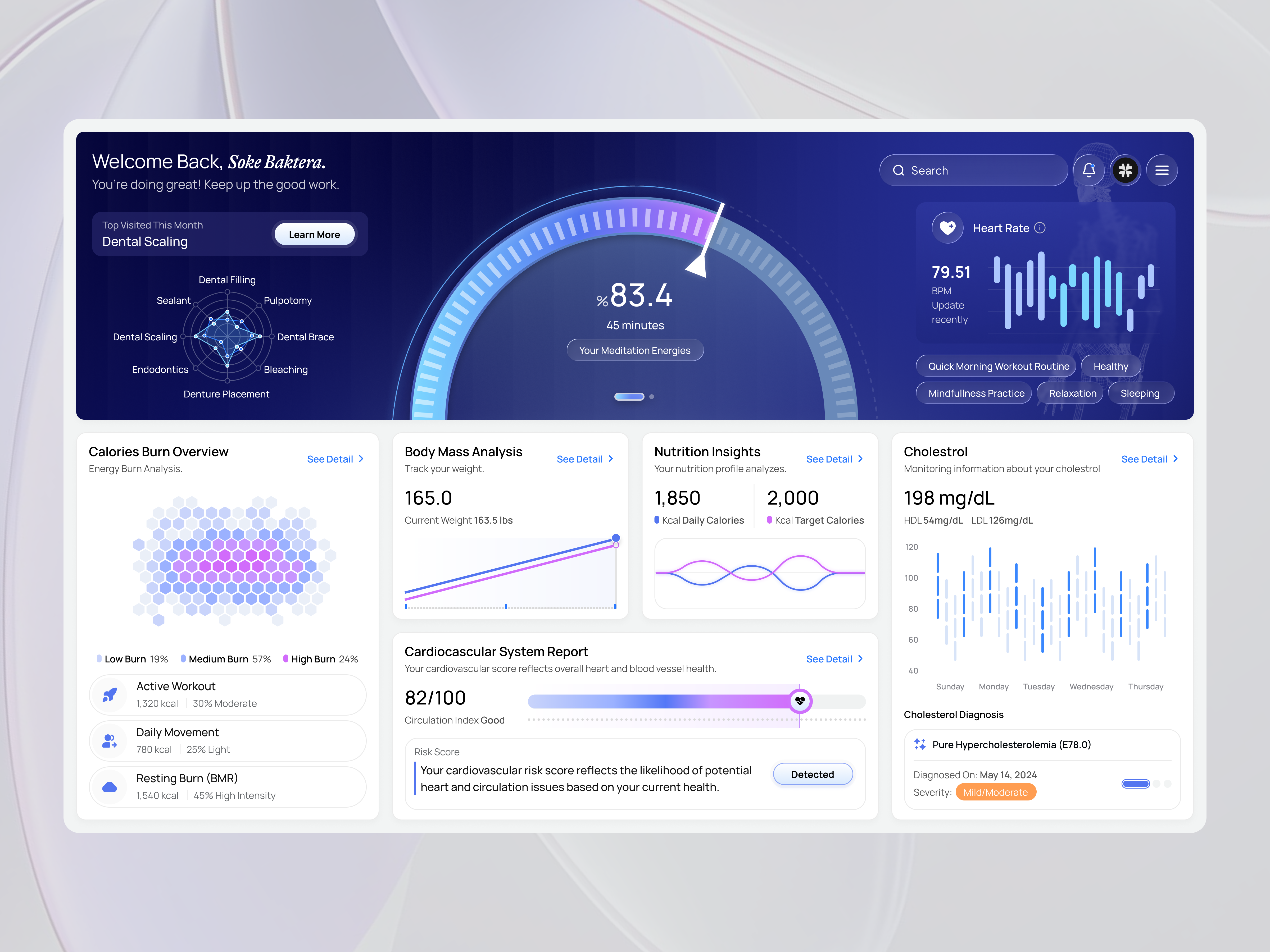 Health Monitoring Dashboard biometric tracking cansaas clean dashboard data visualization design fitness dashboard health health monitoring healthcare app design heart rate monitoring interaction design medical analytics nutrition tracking saas ui ux web dashboard web design