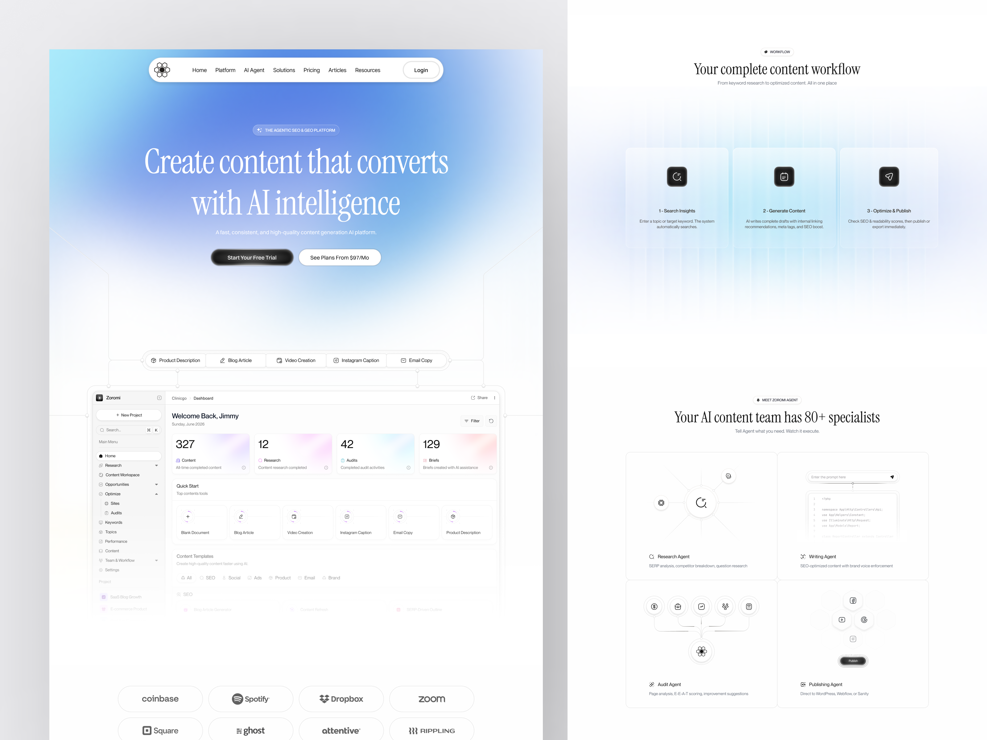 Zoromi - AI Content Generation Landing Page ai ai assistant ai powered artificial intelligence automation clean content creator gen ai generate landing page marketing media minimalist product saas seo social media ui web design website