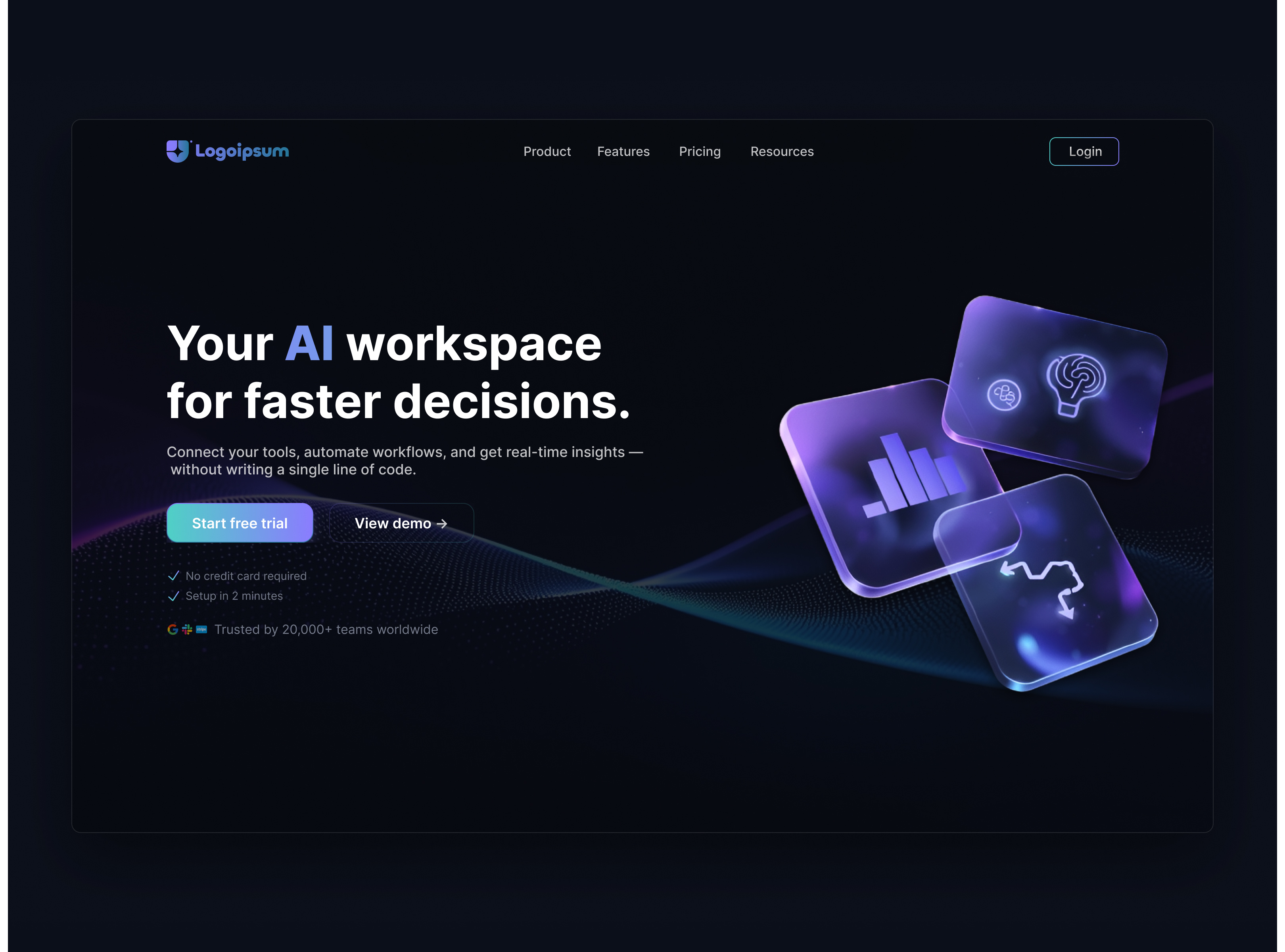 AI Workspace Landing Page UI ai analytics dark ui dashboard figma glassmorphism interface landing page modern design no code product design saas saas design startup tech ui design ux ui web design web ui website