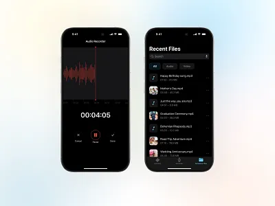 Noise Reducer App – Audio Recorder & File Management UI audio editing mobile app audio file list screen audio recorder app dark mode mobile design figma mobile ui ios app ui concept media utility app mobile file management ui mobile product design noise reduction ui ui ux case study voice recording app waveform recorder interface