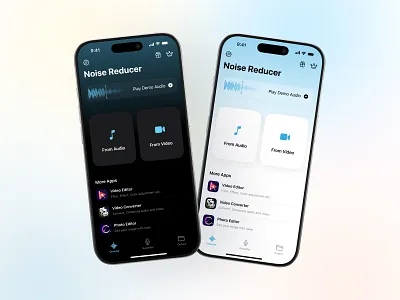 Noise Reducer App – Light & Dark Mode Home Screens ai audio app audio denoise app audio processing mobile app creator tools ui dark mode app design figma mobile design ios app ui concept light and dark mode ui minimal mobile interface mobile app home screen noise reducer app ui ux case study video noise reduction