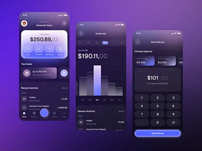 Exploring a clean and modern finance app focused on clarity, spe bank branding clean dark mode design finance fintech gradient graphic design mobile app money saving send money transactions typography ui ux whitespace