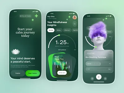 Mindfulness & Meditation Mobile App UI app concept app design clean ui dashboard ui glassmorphism health app healthapp meditation app meditationapp mental health mental health app mindfulness minimal ui mobile app design modern ui product design self care ui design ux design wellness app