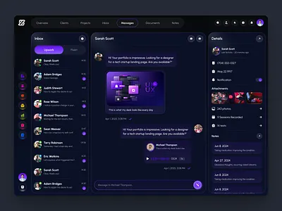 Client Management – Inbox & Chat Screen admin panel agency dashboard chat ui client management crm dark mode dashboard freelance dashboard inbox design messaging product design saas ui design ux design web app