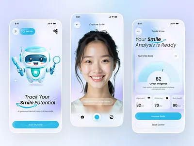 AI Smile Scanner Mobile App UI | Dental Care Analysis Dashboard ai health app ai smile scanner app design dental app dental care dental diagnostics face detection face scan app gum health tracker health tracking app healthcare dashboard mobile app smart dental assistant smile analysis smile analysis app smile scanner smile tracking teeth whitening app
