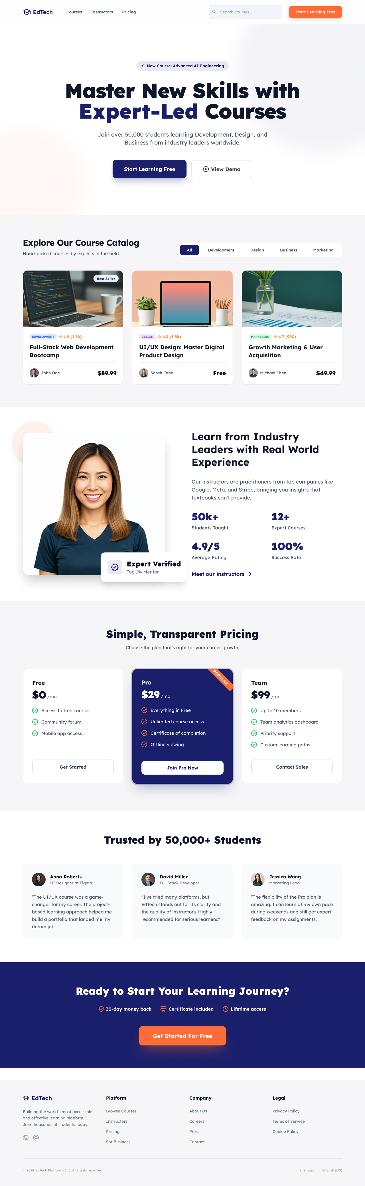 EdTech Learning Platform — Full Landing Page UI Design course catalog course marketplace dribbble figma design landing page responsive design startup ui ui design ui ux design web design website design