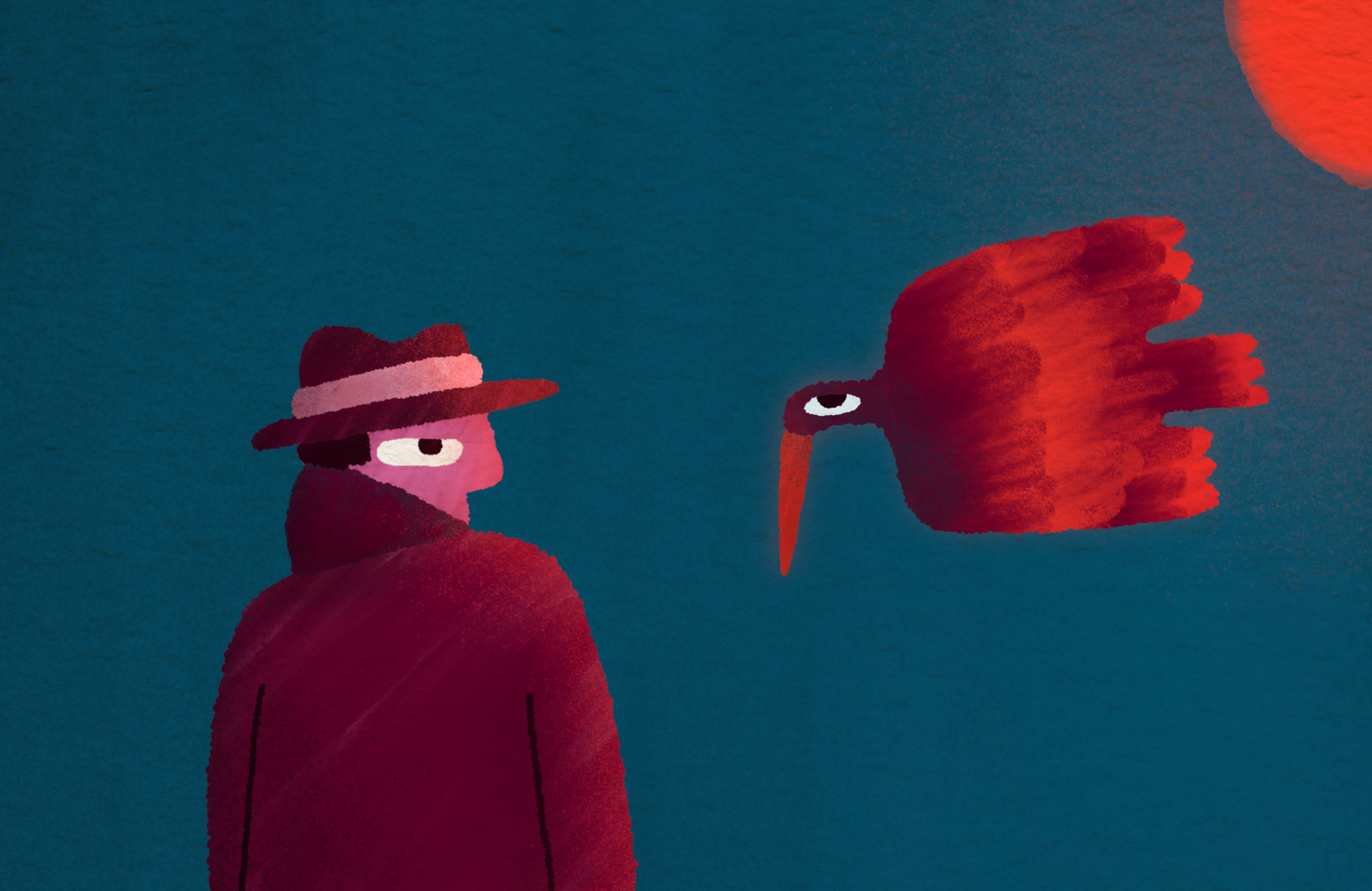 Sunbird - Editorial Illustration bird bird illustration burgundy character design character illustration digital art digital painting editorial illustration freelance illustrator illustration illustrator magazine illustration orange procreate procreate illustration spot illustration storybook illustration sunbird teal teal and orange