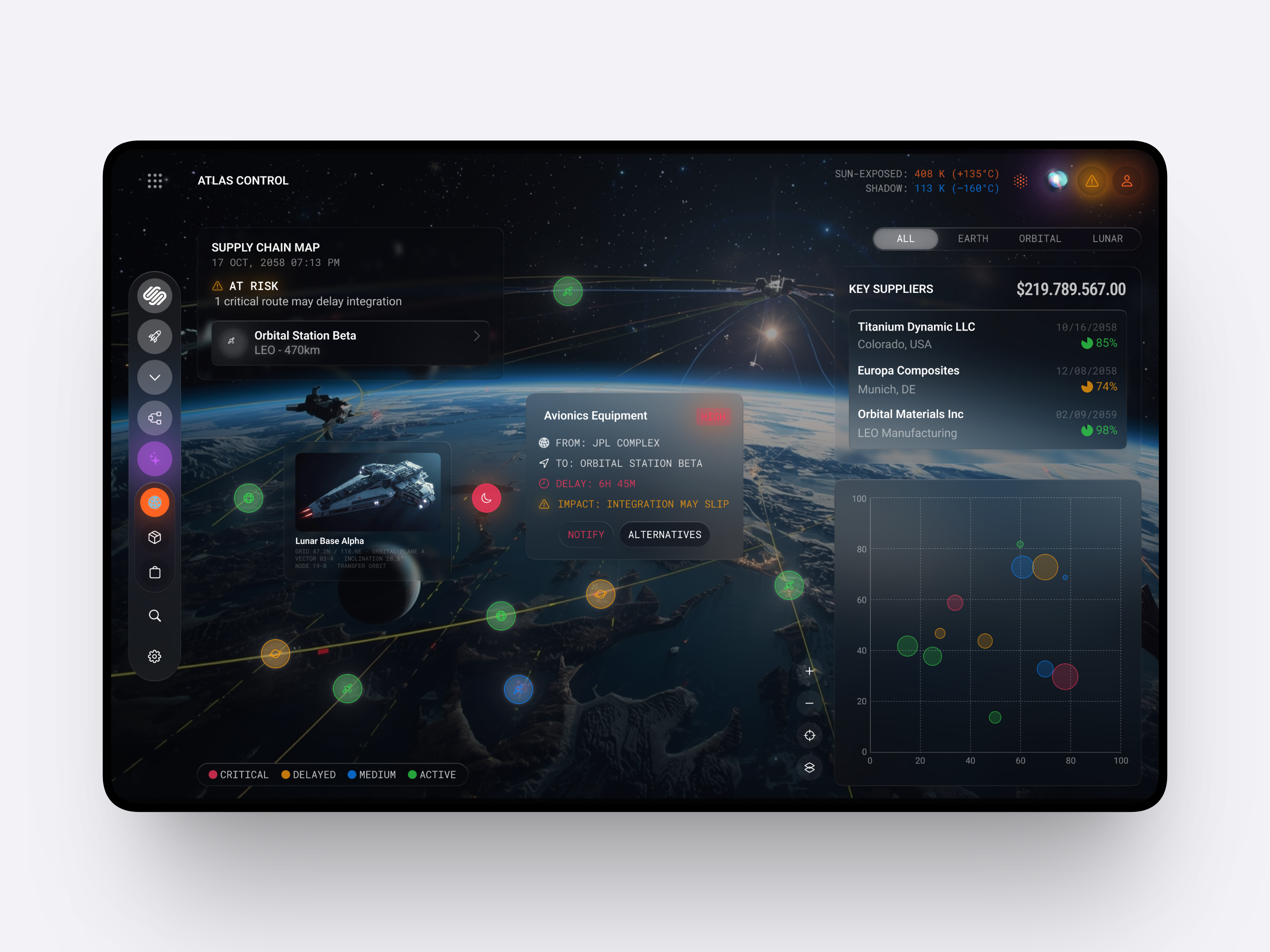 Space Map UI Design ai dashboard ai interface analytics ui control panel dark ui dashboard ui data visualization design system enterprise saas futuristic ui high fidelity ui interaction design manufacturing system product design sci fi ui space map space tech supply chain platform uiux design web app design