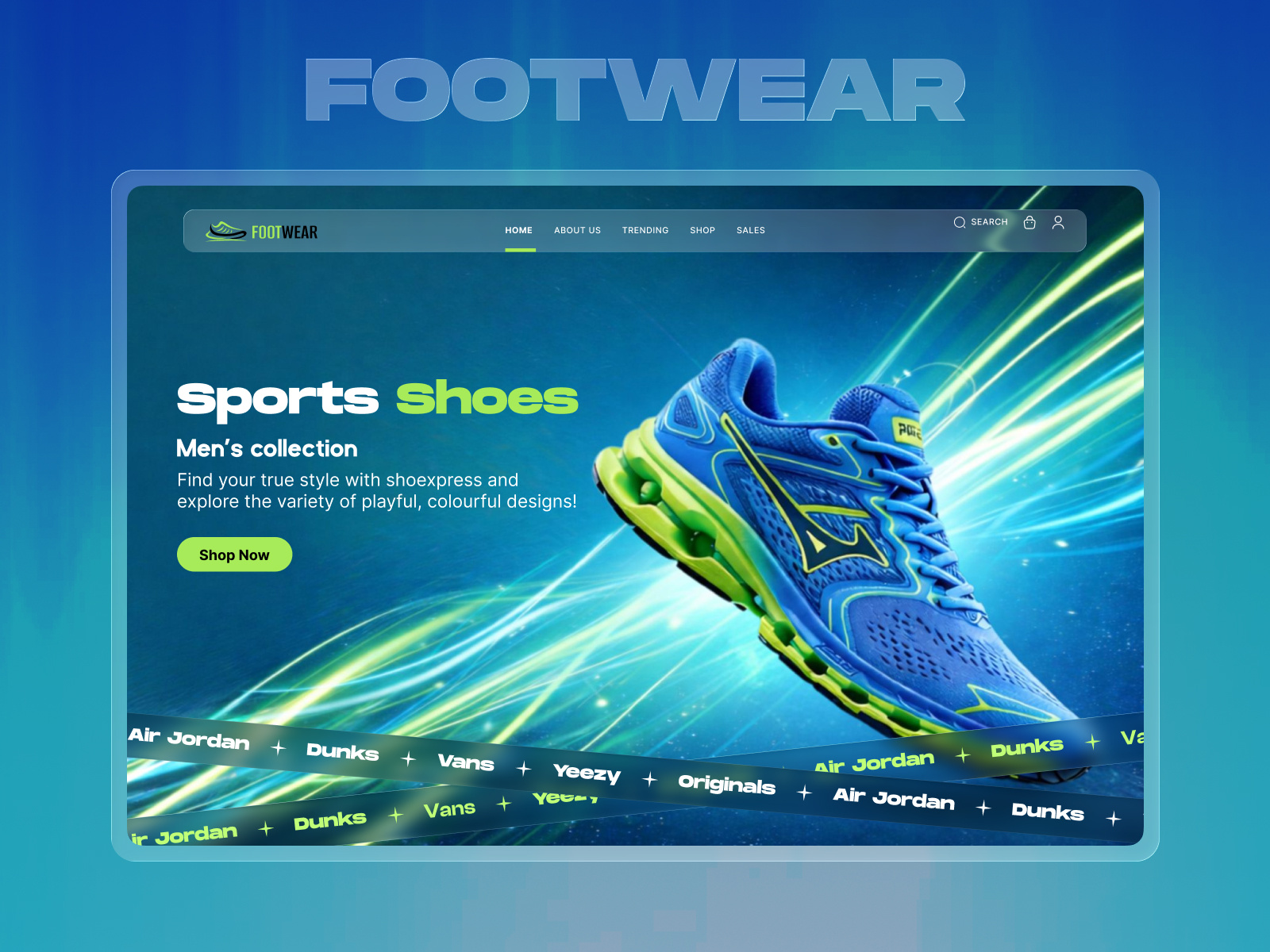 Footwear E-commerce – Hero Section Concept banner blue branding ecommerce footwear graphic design green hero latest logo new product design shop top trending typography ui uiux web design