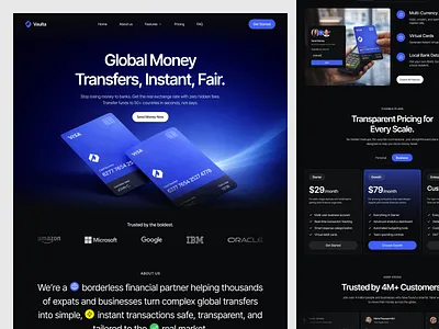 Vaulta — Global Money Transfer Landing Page banking app dark ui digital banking digital card financial app fintech global money gradient landing page modern ui money transfer multi currency neobank product design saas ui virtual card website design
