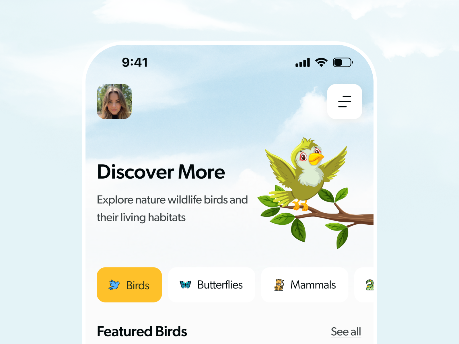 Modern Bird Watching App UI Design animal app design app design bird app ui bird sanctuary app bird watching app clean uiux design ios android app ui mobile mobile app mobile app design mobile app ui design modern ui design nature app ui nature discovery app wildlife app ui wildlife exploration app