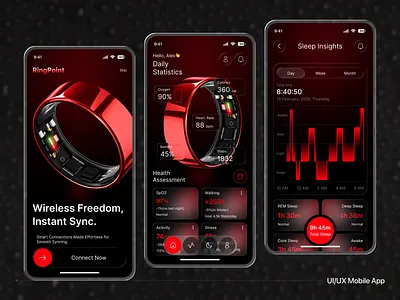 Smart Ring Health Tracking Mobile App Design activity tracker app design app interface design calorie tracking dark mode ui fitness app ui health dashboard health tracking app heart rate monitor mobile app design modern mobile ui sleep tracking smart ring spo2 tracking step counter stress monitoring ui ux design wearable tech wellness app