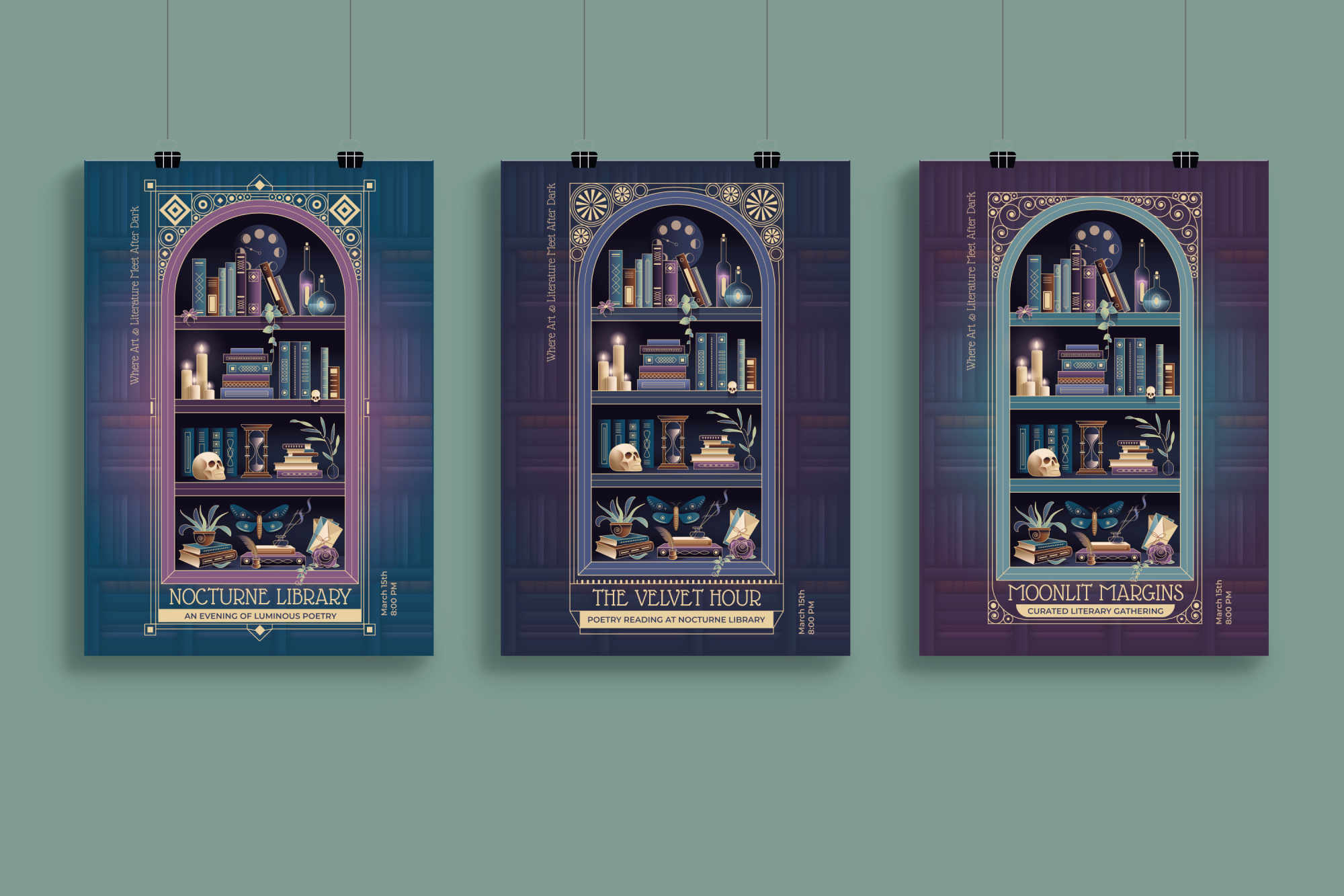 Poetry evening event posters in Art Nouveau style art deco art nouveau astrology books bookshelf cabinet bookstore branding celestial dark academia design event poster graphic design illustration library line art mystical poetry tarot vector vintage