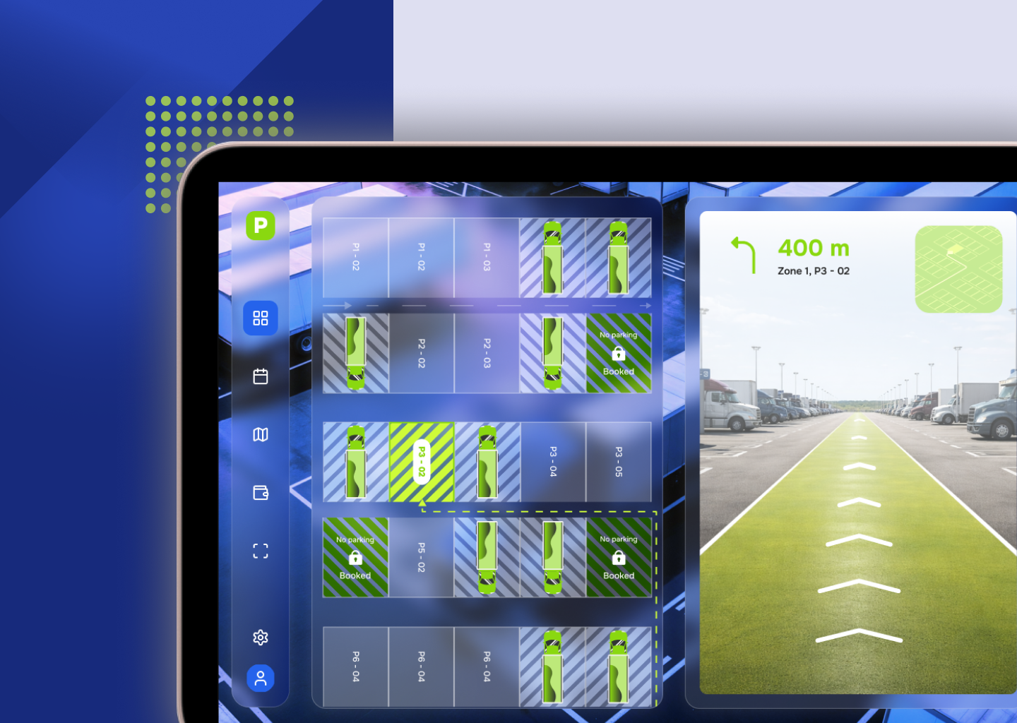 Smart Yard Parking Selection & Driver Navigation Concept driver navigation fleet management industrial ui logistics app parking system smart logistics tablet app ui ux design yard management