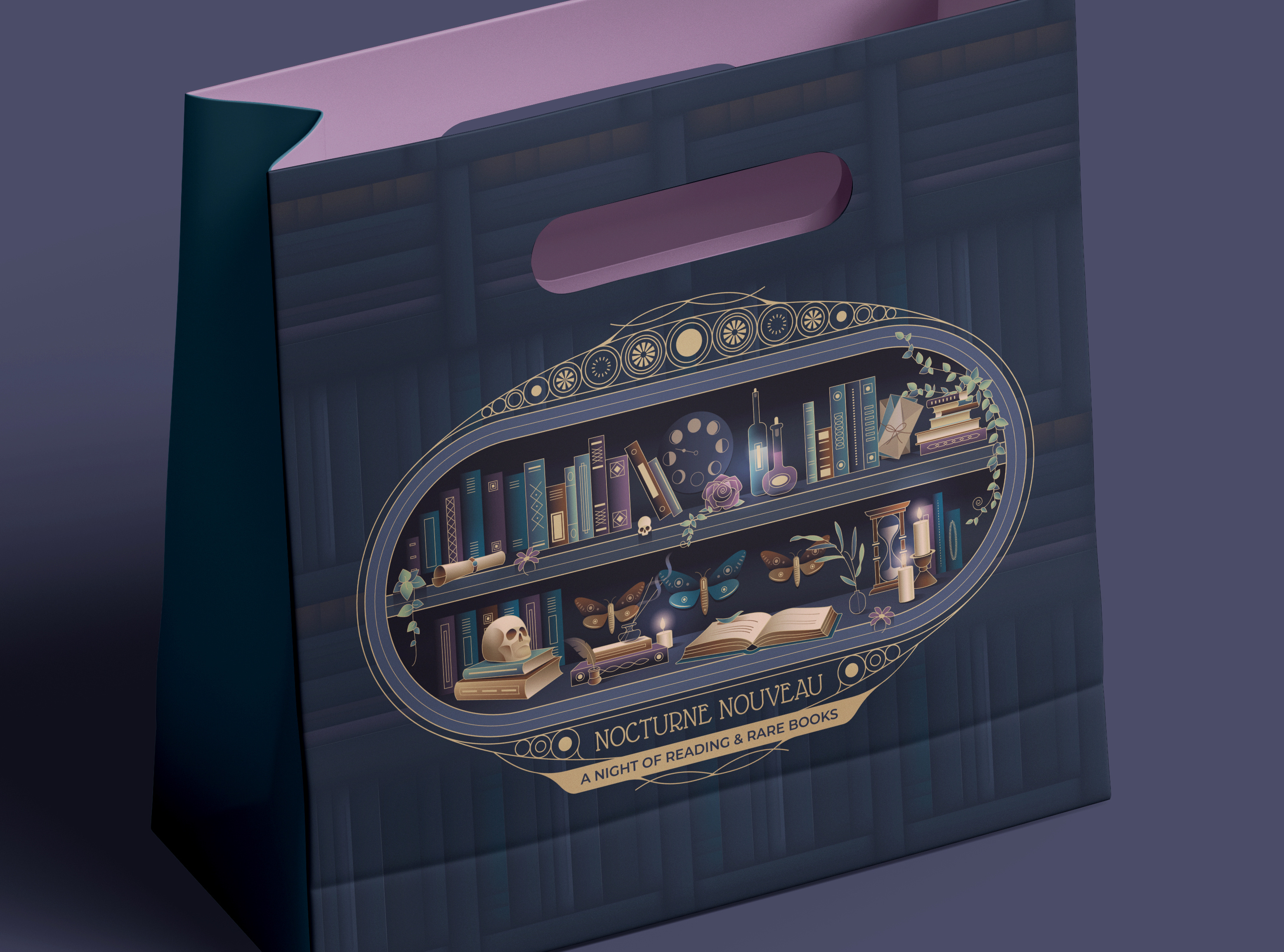 Nocturne Nouveau library branding art deco art nouveau astrology bookshelf cabinet bookstore branding branding celestial dark academia design graphic design illustration library branding line art luxurious mystical ornate frame oval tarot vector vintage