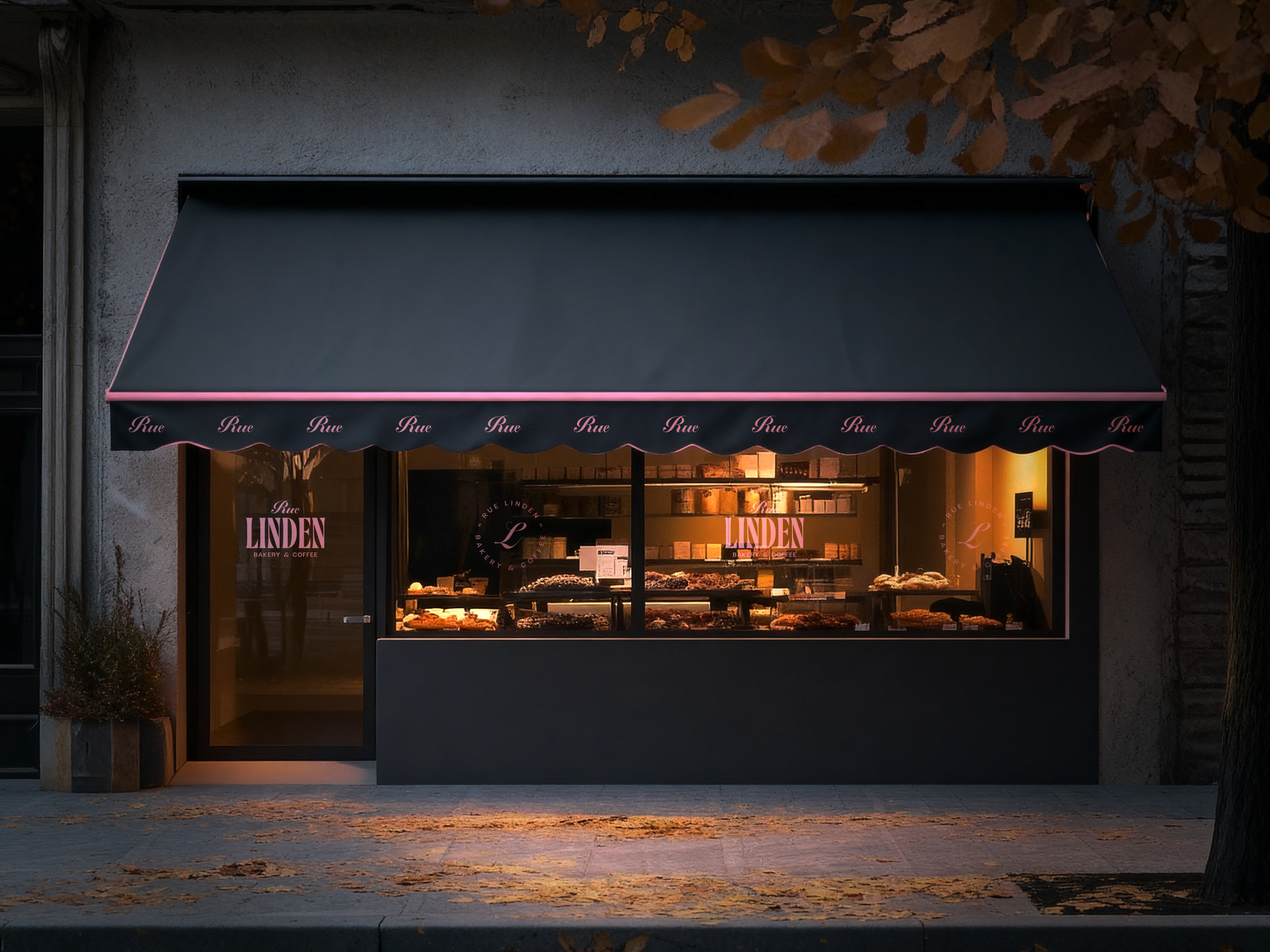 Rue Linden Bakery & Coffee Storefront Branding at Dusk