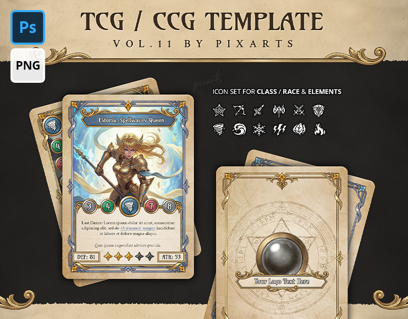 Classic Fantasy RPG – Trading Card Game TCG/CCG Template Vol.11✨ anime boardgame gameui gatcha genshin gui paper psd royal tcg template ui