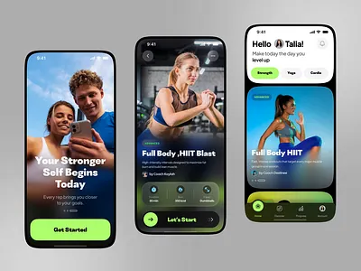 Fitness App – Motion UI Exploration 🏋️‍♂️ darkui figmadesign fitnessapp interactiondesign mobileapp motiondesign productdesign ui