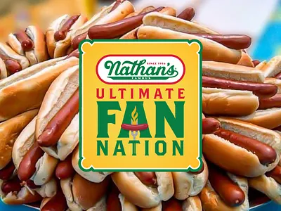 Nathan's Ultimate Fan Nation™ Badge! badge branding graphic design heyo! hotdog badge hotdogs logo nathans ui ultimate fan!
