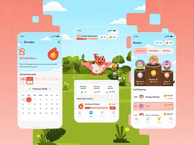 Vita: The Duolingo for Biology Part 2/3 | Streaks & Stats biology branding character cloud dinosaur duolingo gamification green illustration landscape leaderboard mascot plant profile red streak ui design ux design