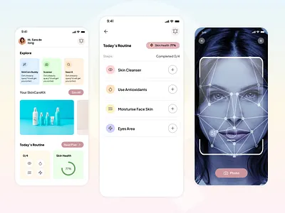AI Skincare App – Smart Routine & Skin Analysis Experience ai ai detection ai recommendation beauty cosmetics design face skin female mobile app products scan skin care ui ux