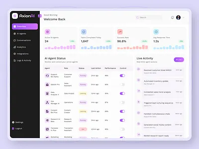 AxionAI- AI Agent Dashboard admin dashboard ai assistant ai dashboard analytics dashboard artificial intelligence b2b saas chatbot ui crm dashboard data visualization design minimal minimal dashboard modern ui productivity app saas dashboard saas ui startup dashboard ui ux web app design