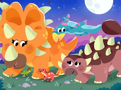 Who doesn’t love an evening stroll? 🦖 🦕 🌕 animal animals art book cute dino dinosaur illustration illustrator kid kidlit triceratops
