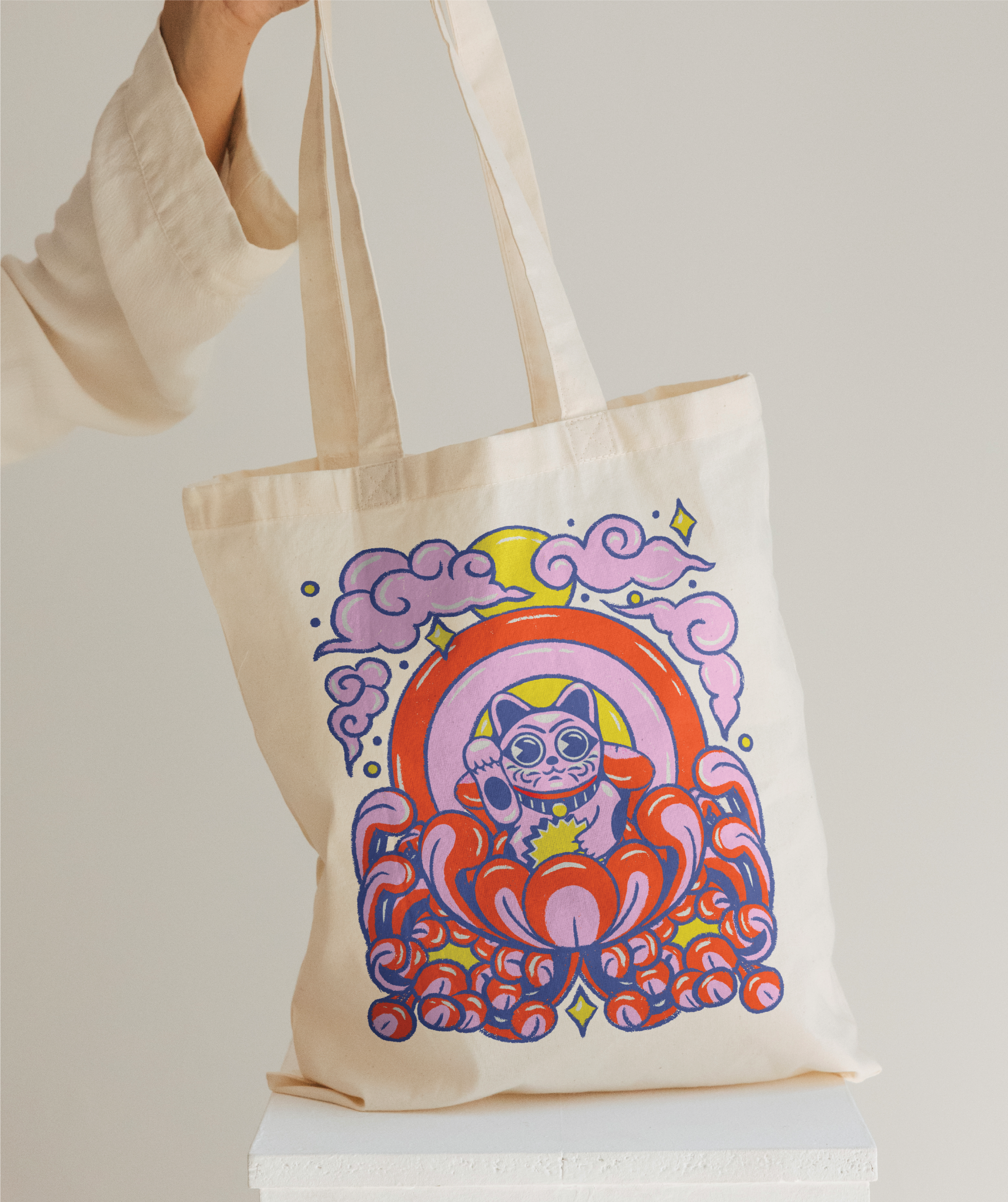 Maneki Neko bold colors chrysanthemums graphic design illustration kawaii maneki neko poster tattoo