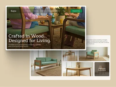 Kayu - Furniture Landing Page Design adobe ai branding clean cream figma furniture graphic design green image generation landing page minimalist scandinavian swiss design ui uiux ux website white wood